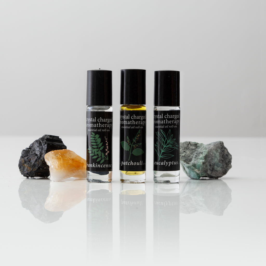 crystal charged essential oil roll-on's patchouli-frankincense-eucalyptus