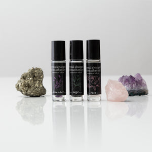 crystal charged essential oil roll-on's lavender-rose-sage trio